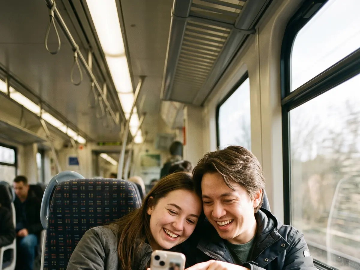 Dos amigos en un tren comentando una foto en el móvil