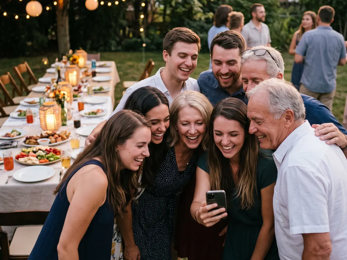 Invitados de una fiesta al aire libre reunidos alrededor de un móvil para ver las fotos