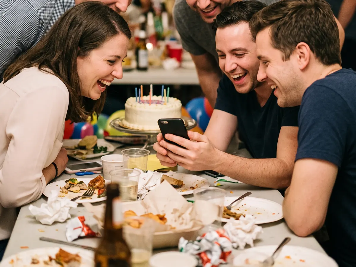Amigos en un cumpleaños mirando juntos las fotos en un móvil