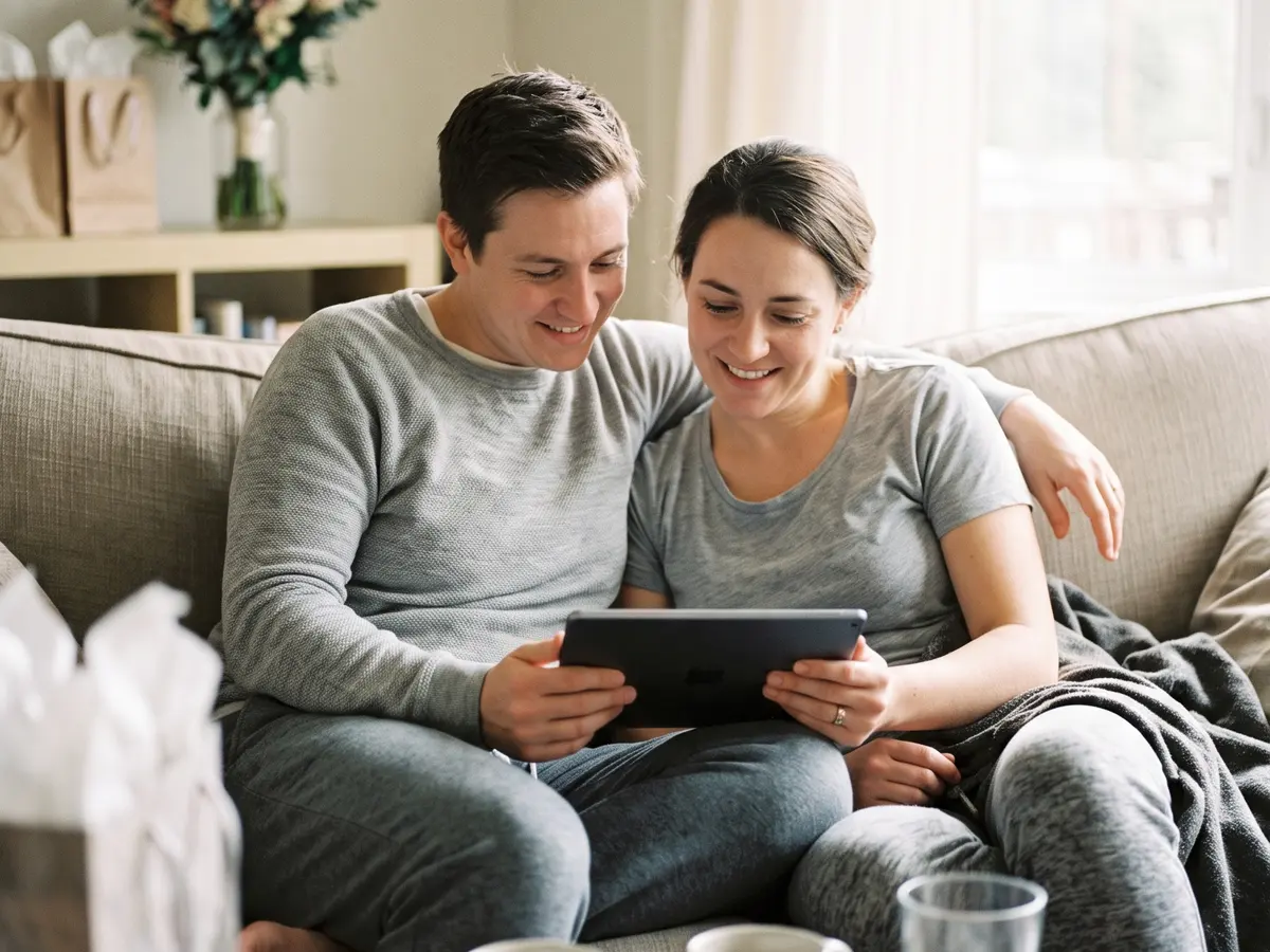 Una pareja en el sofá viendo la galería de su boda en una tablet