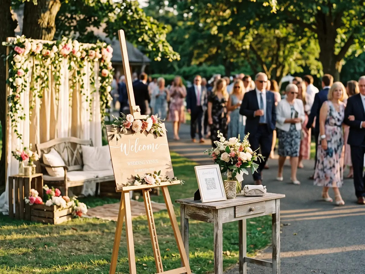 Entrada de una boda al aire libre con un cartel de bienvenida y los invitados llegando