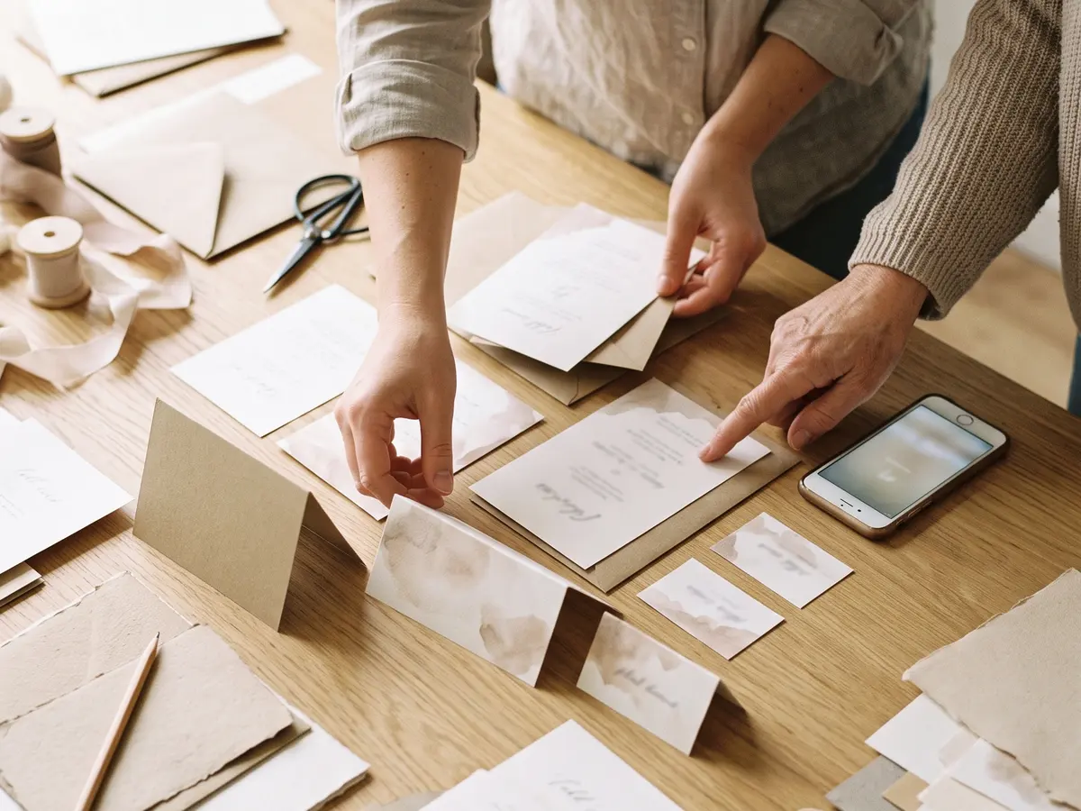 Tarjetas de mesa impresas en distintos tamaños sobre una mesa de trabajo
