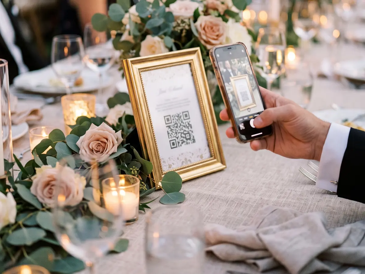 Un invitado escanea con el móvil el código QR de un marco en la mesa de una boda